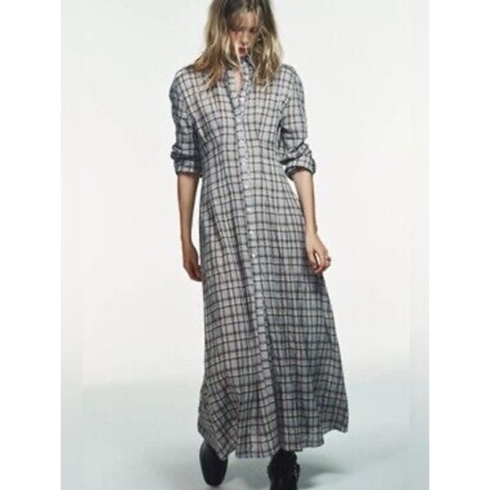 Zara Plaid Maxi Shirt Dress Womens L Blue Brown Button Front Epaulets 4772/303
